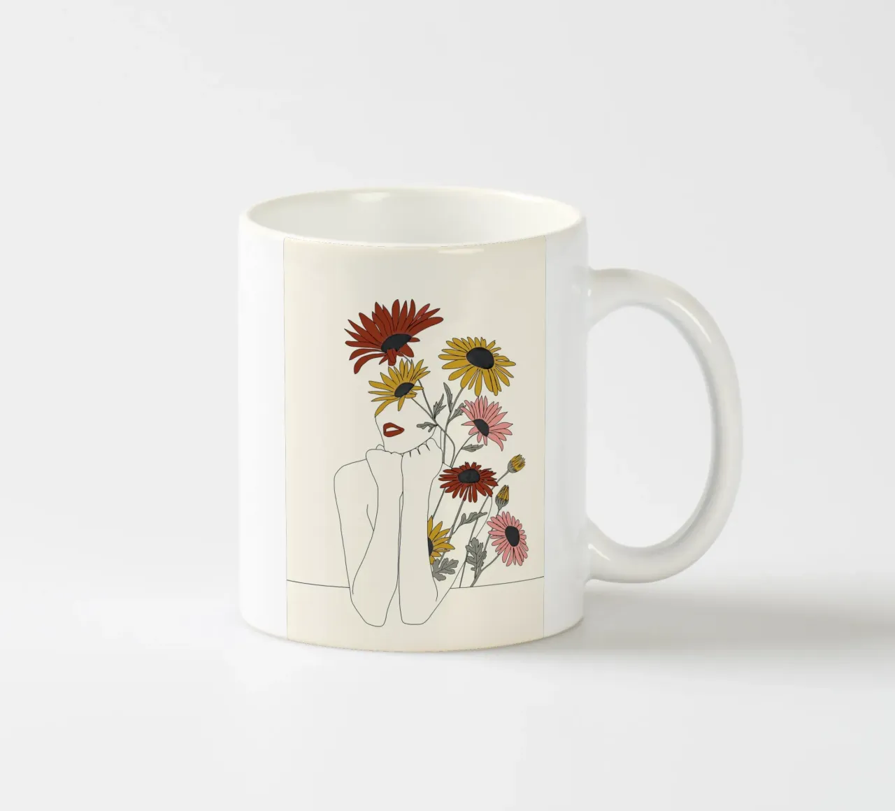Colorful Thoughts Minimal Line Girl with Sunflowers tazza in ceramica da Nadjaa