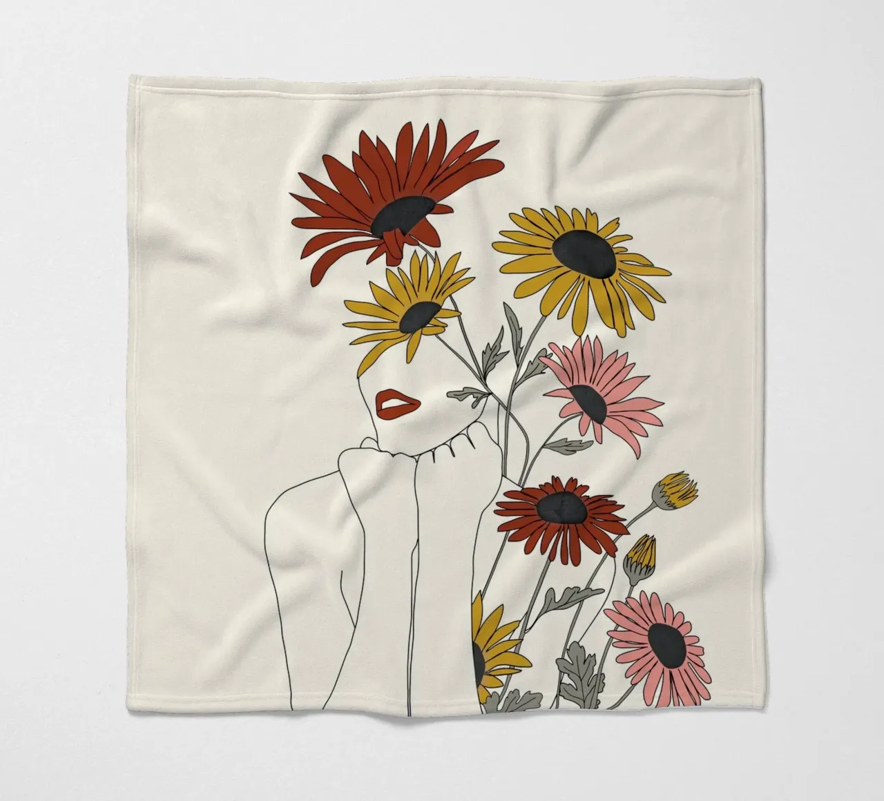 Colorful Thoughts Minimal Line Girl with Sunflowers coperta in pile da Nadjaa