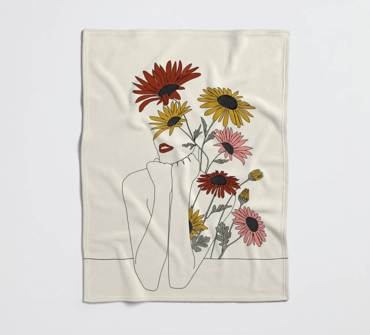 Colorful Thoughts Minimal Line Girl with Sunflowers coperta in pile da Nadjaa