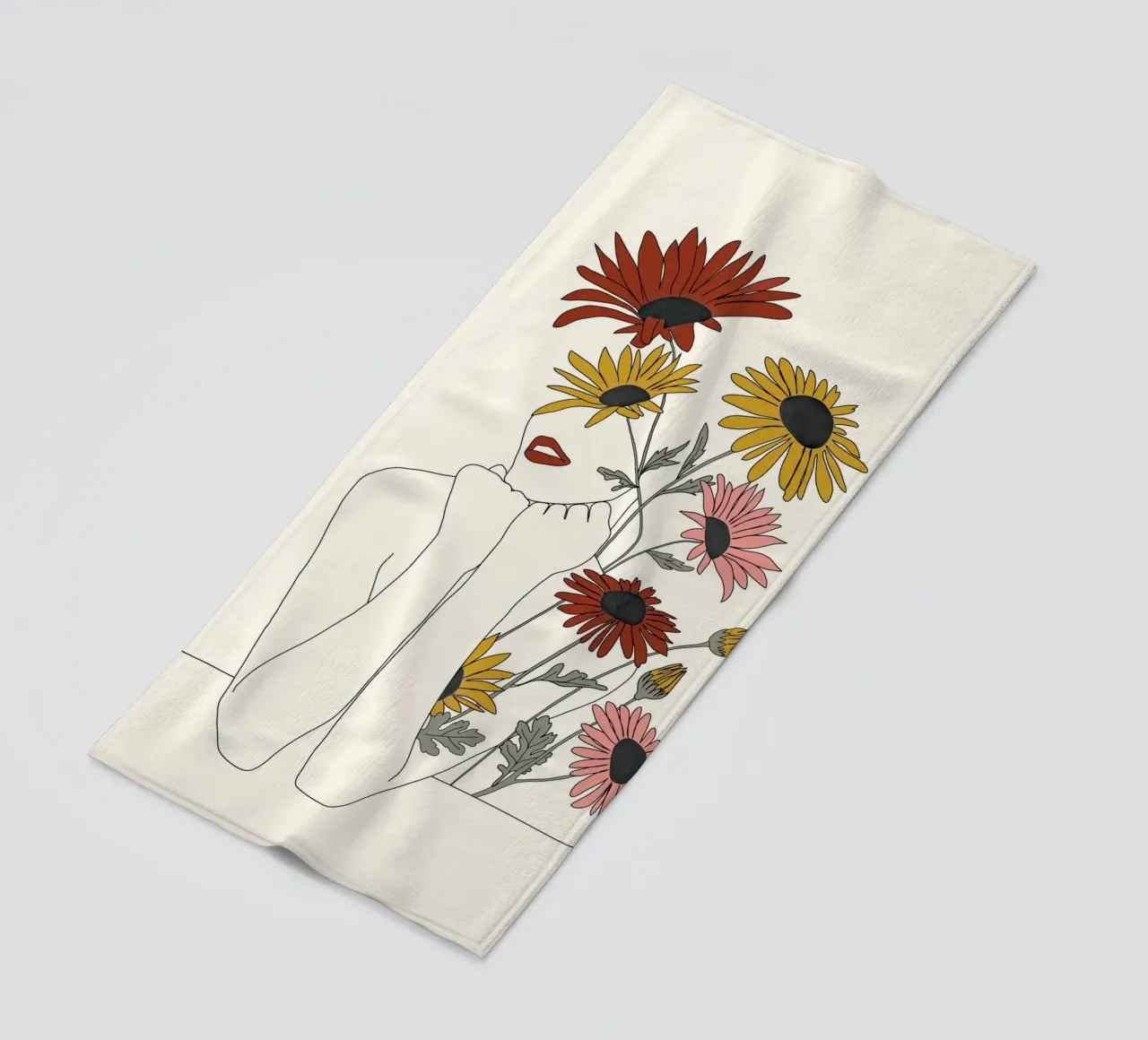 Colorful Thoughts Minimal Line Girl with Sunflowers telo mare da Nadjaa