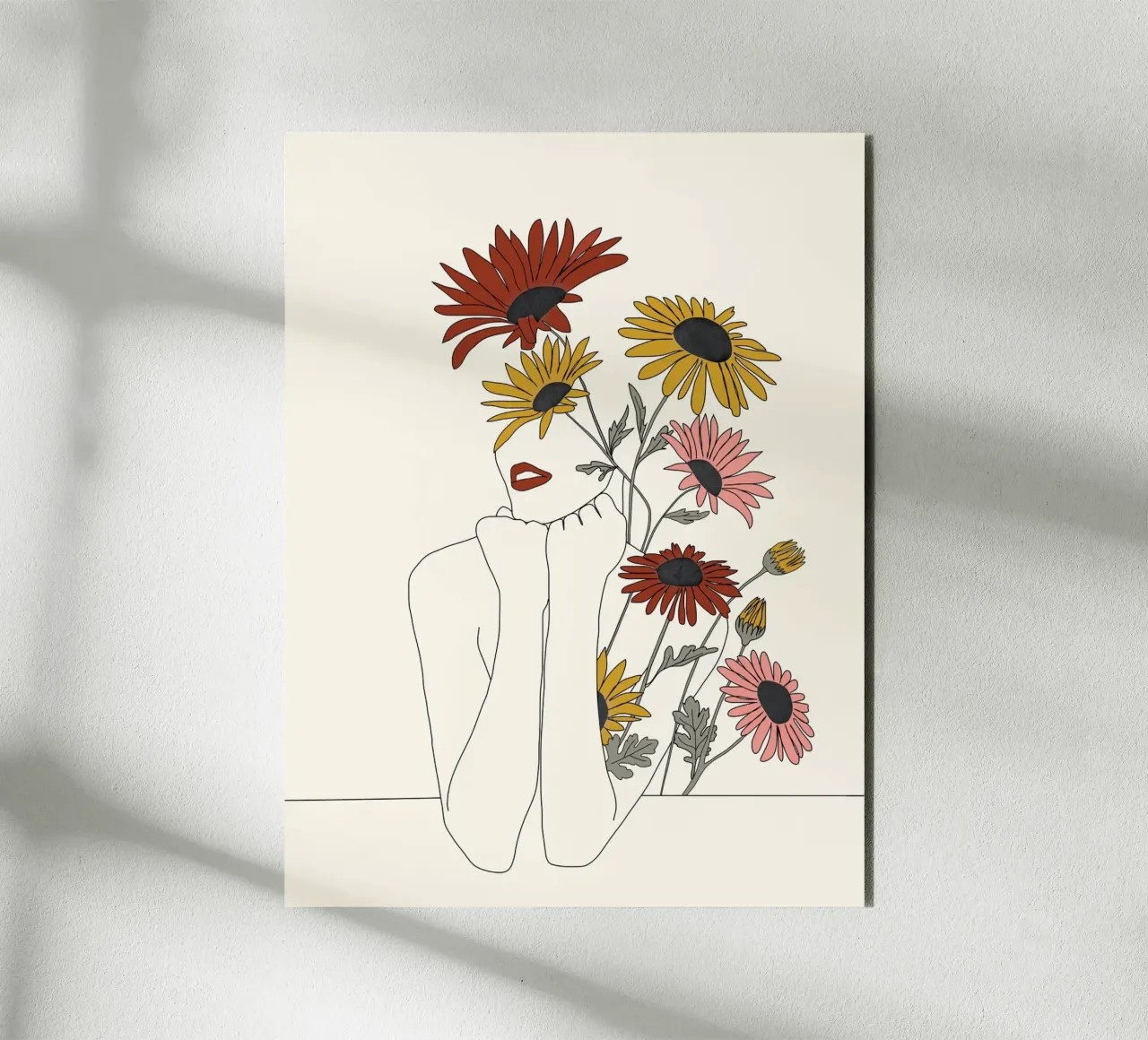 Colorful Thoughts Minimal Line Girl with Sunflowers alluminio dibond da Nadjaa