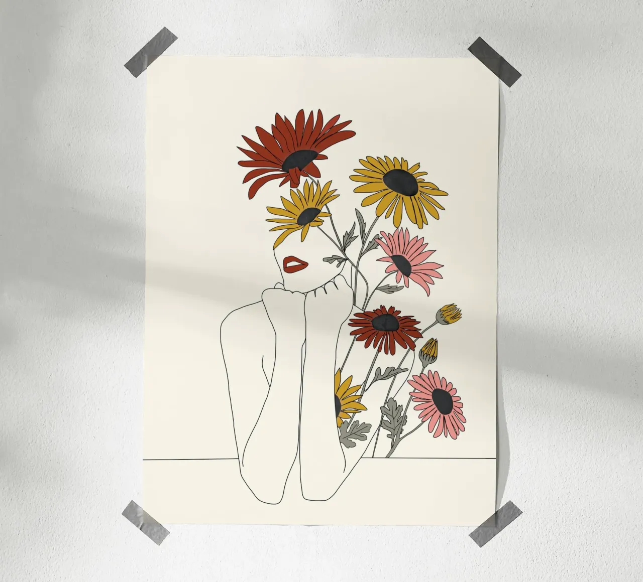 Colorful Thoughts Minimal Line Girl with Sunflowers poster con telaio in plastica da Nadjaa