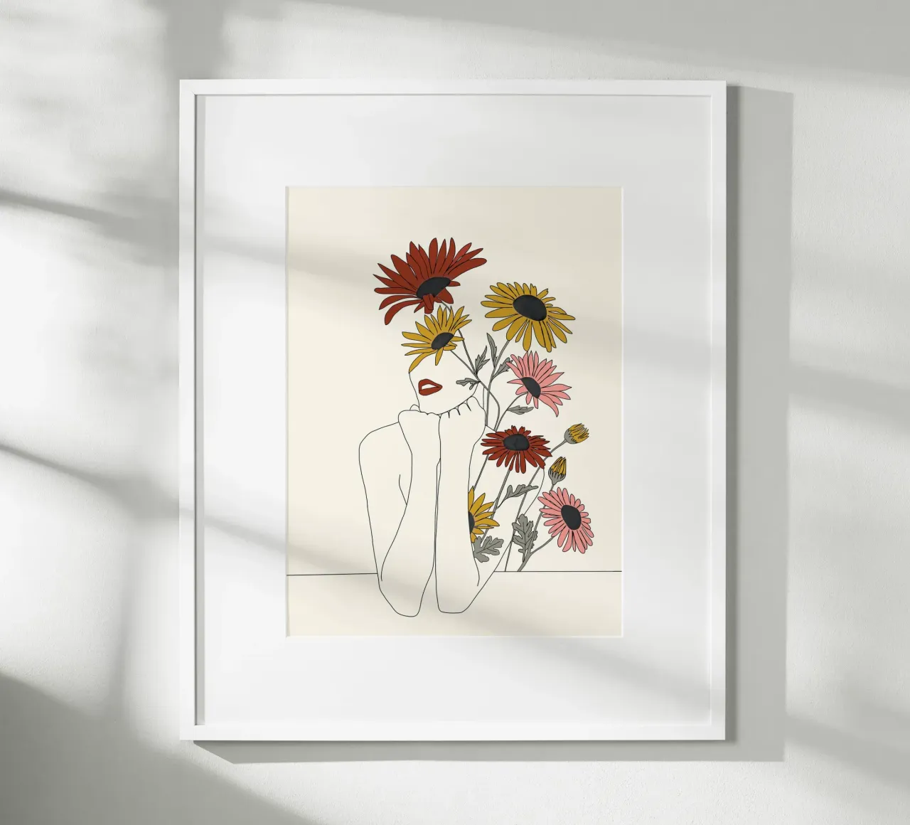 Colorful Thoughts Minimal Line Girl with Sunflowers poster con telaio in plastica da Nadjaa