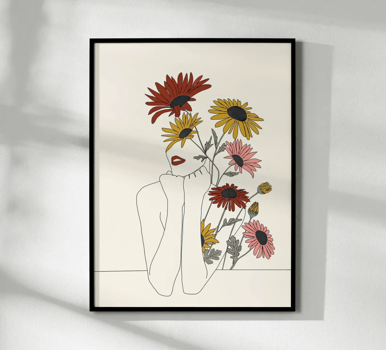 Colorful Thoughts Minimal Line Girl with Sunflowers poster con telaio in plastica da Nadjaa