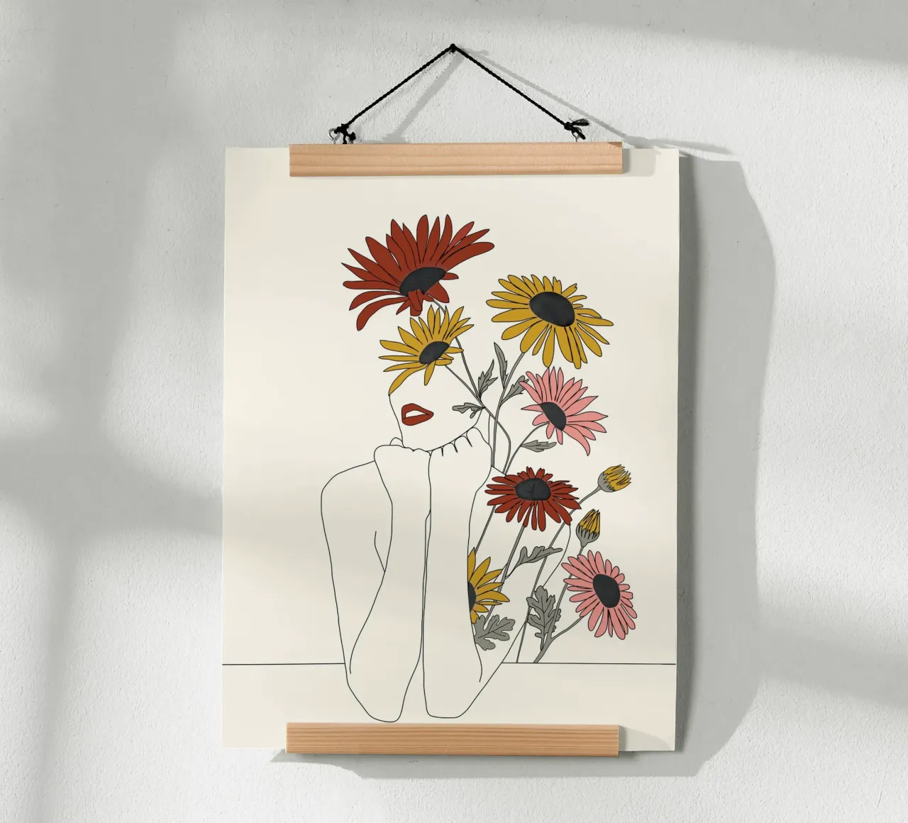 Colorful Thoughts Minimal Line Girl with Sunflowers poster con telaio in plastica da Nadjaa