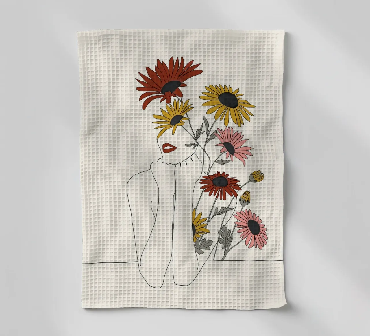Colorful Thoughts Minimal Line Girl with Sunflowers canovaccio da cucina da Nadjaa
