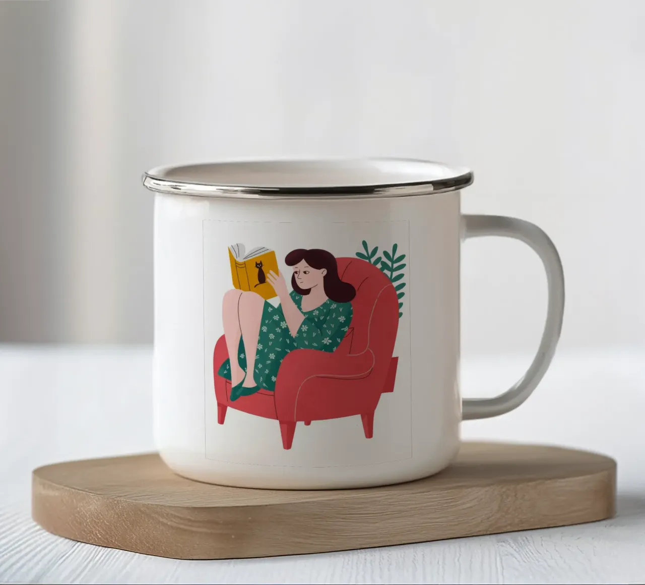 Lecture de la chaise rouge mug en émail de Fine Sanctuary