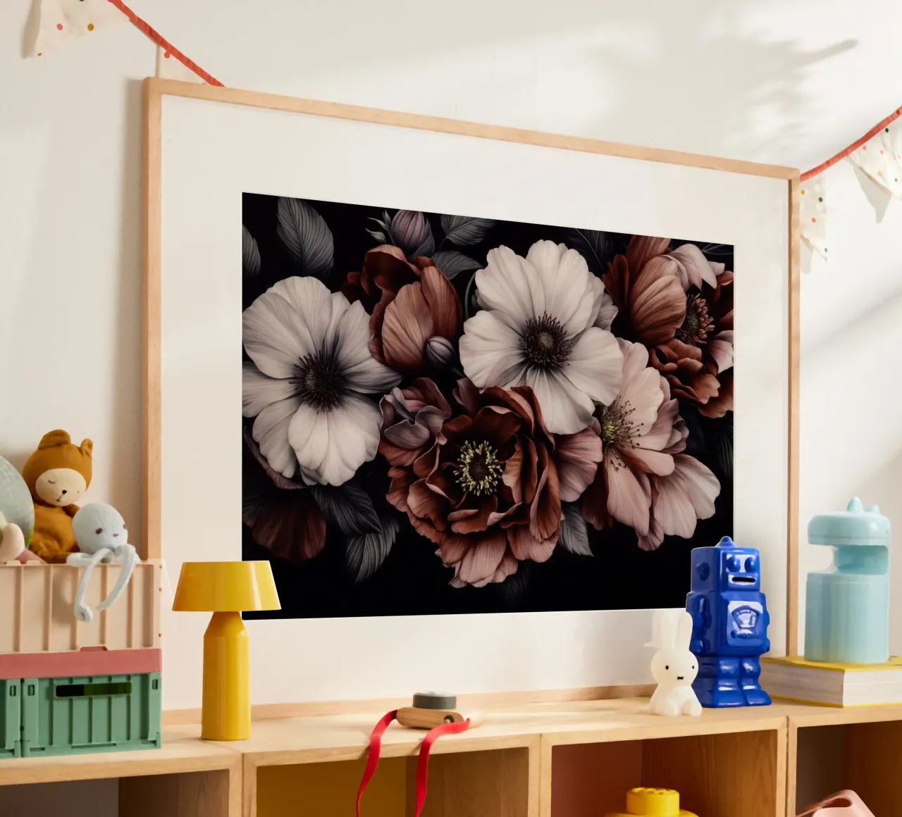Symfonie van schemerbloemen in barokke tinten poster met houten frame van Andrea Haase Floral Passion