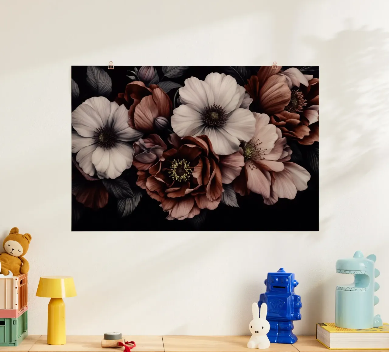 Symfonie van schemerbloemen in barokke tinten poster met houten frame van Andrea Haase Floral Passion