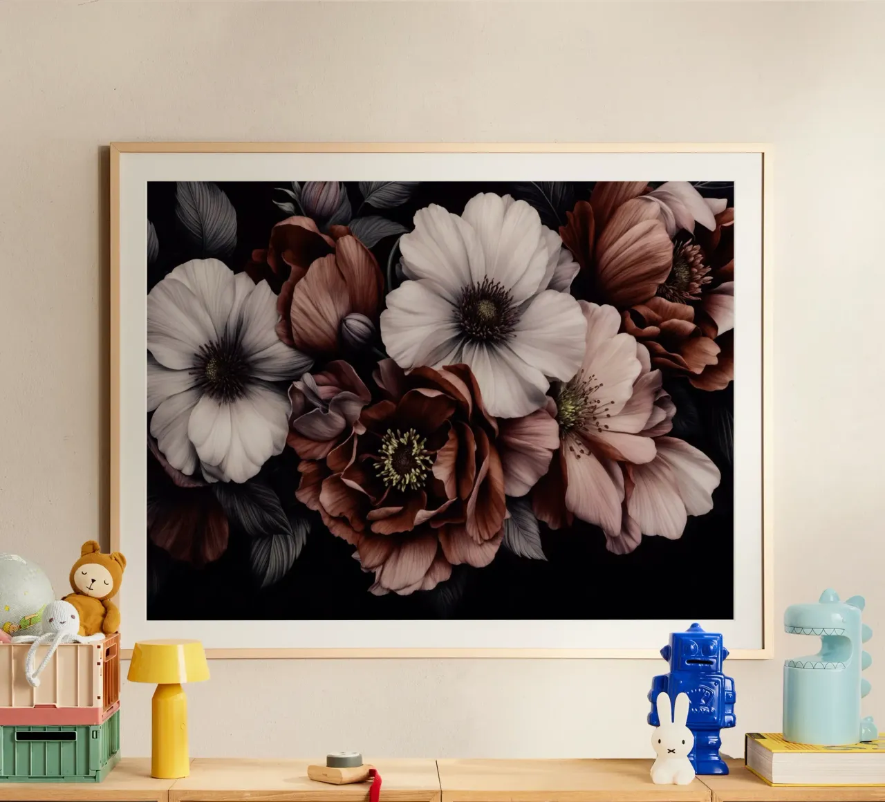 Symfonie van schemerbloemen in barokke tinten poster met houten frame van Andrea Haase Floral Passion