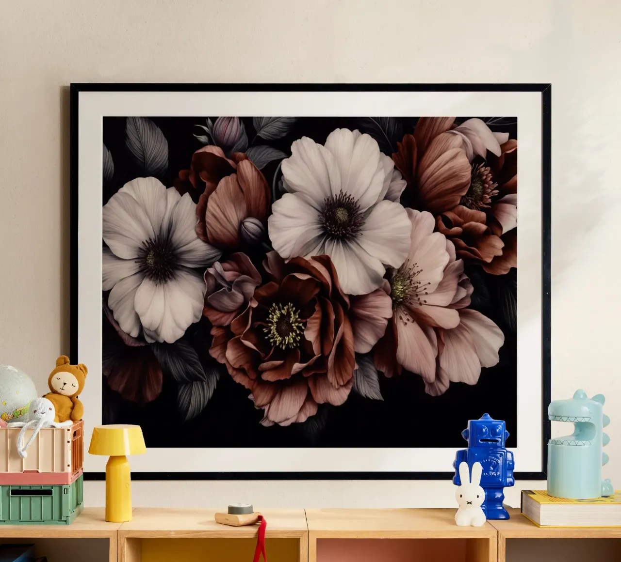 Symfonie van schemerbloemen in barokke tinten poster met houten frame van Andrea Haase Floral Passion