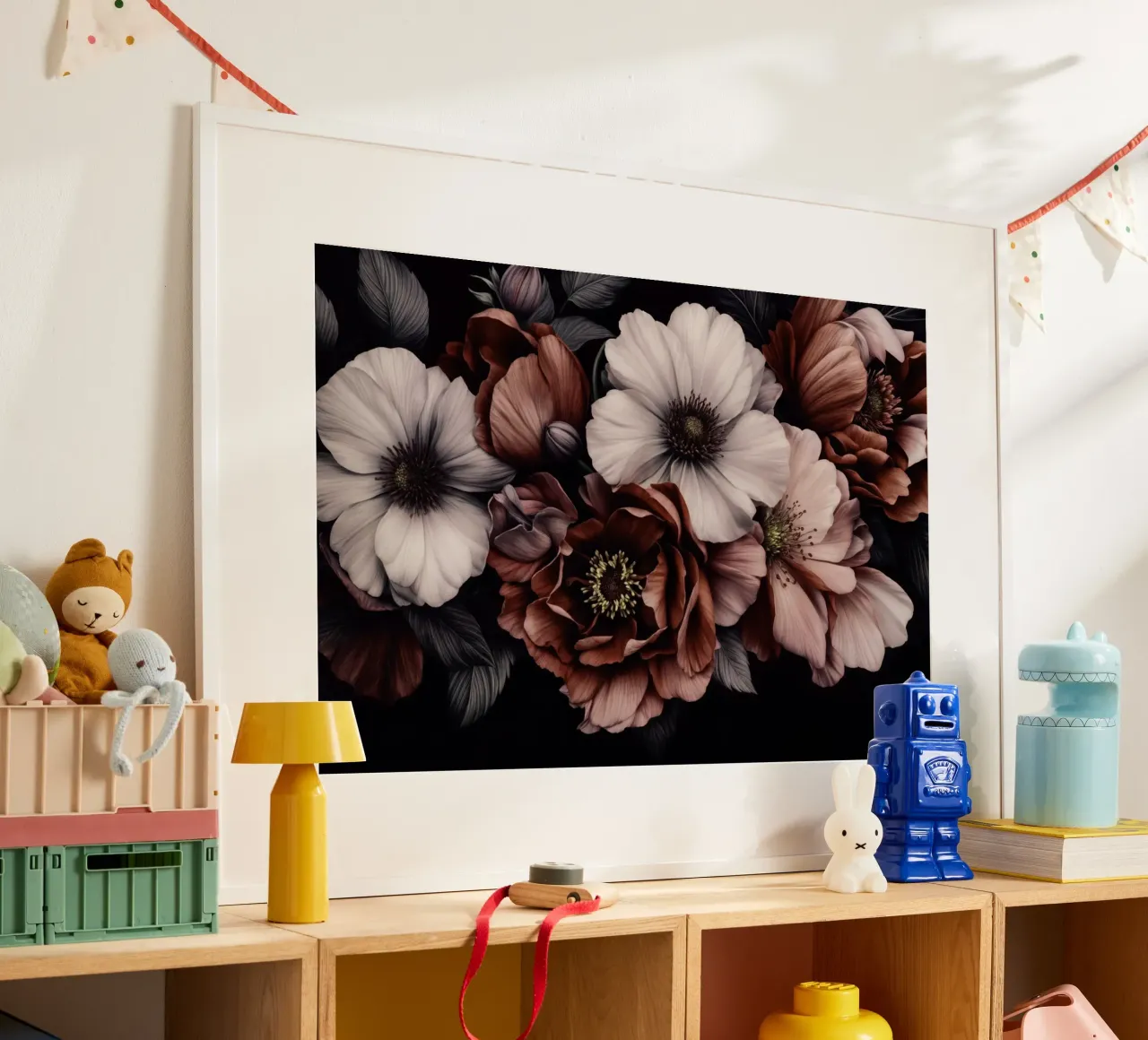Symfonie van schemerbloemen in barokke tinten poster met houten frame van Andrea Haase Floral Passion