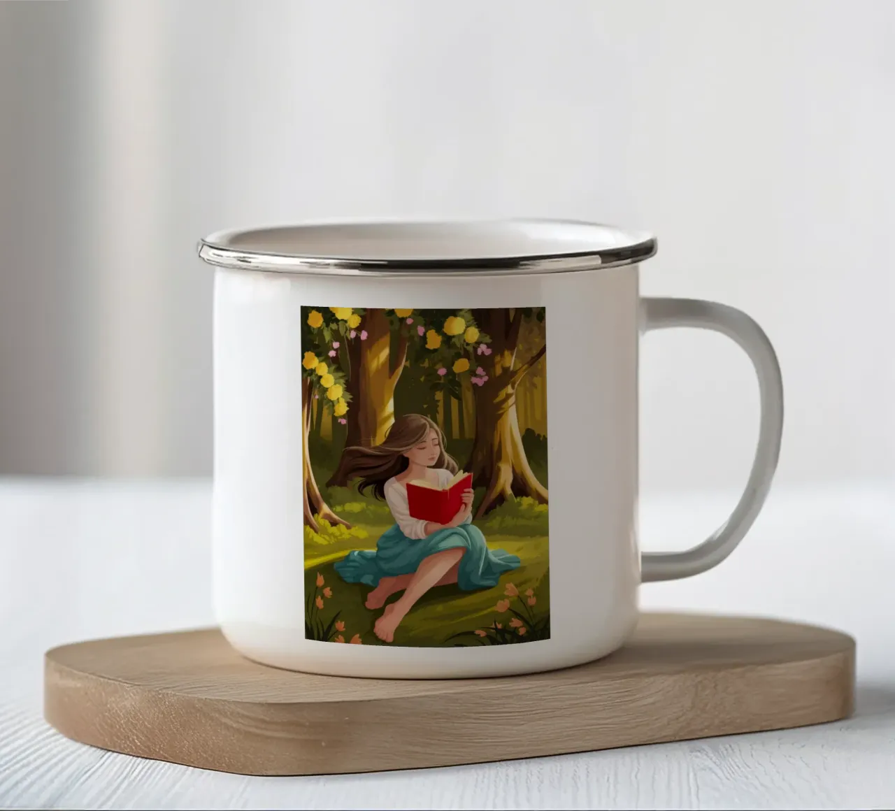 Lecture de la forêt enchantée mug en émail de Fine Sanctuary