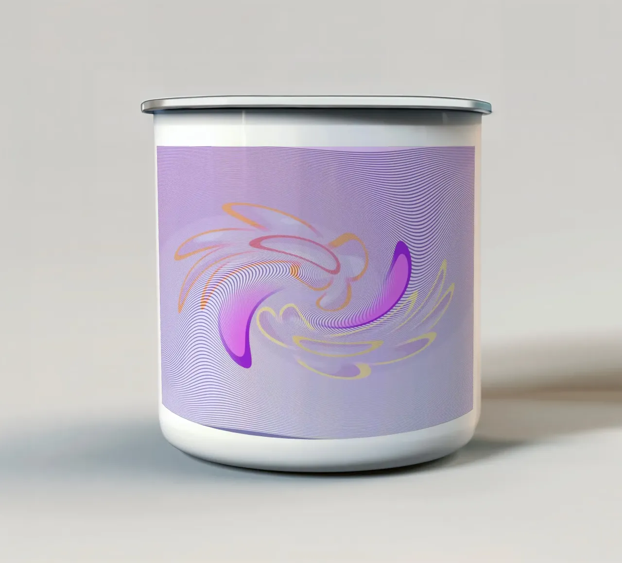 Abstract dynamic pattern in purple and orange enamel mug by Something for you