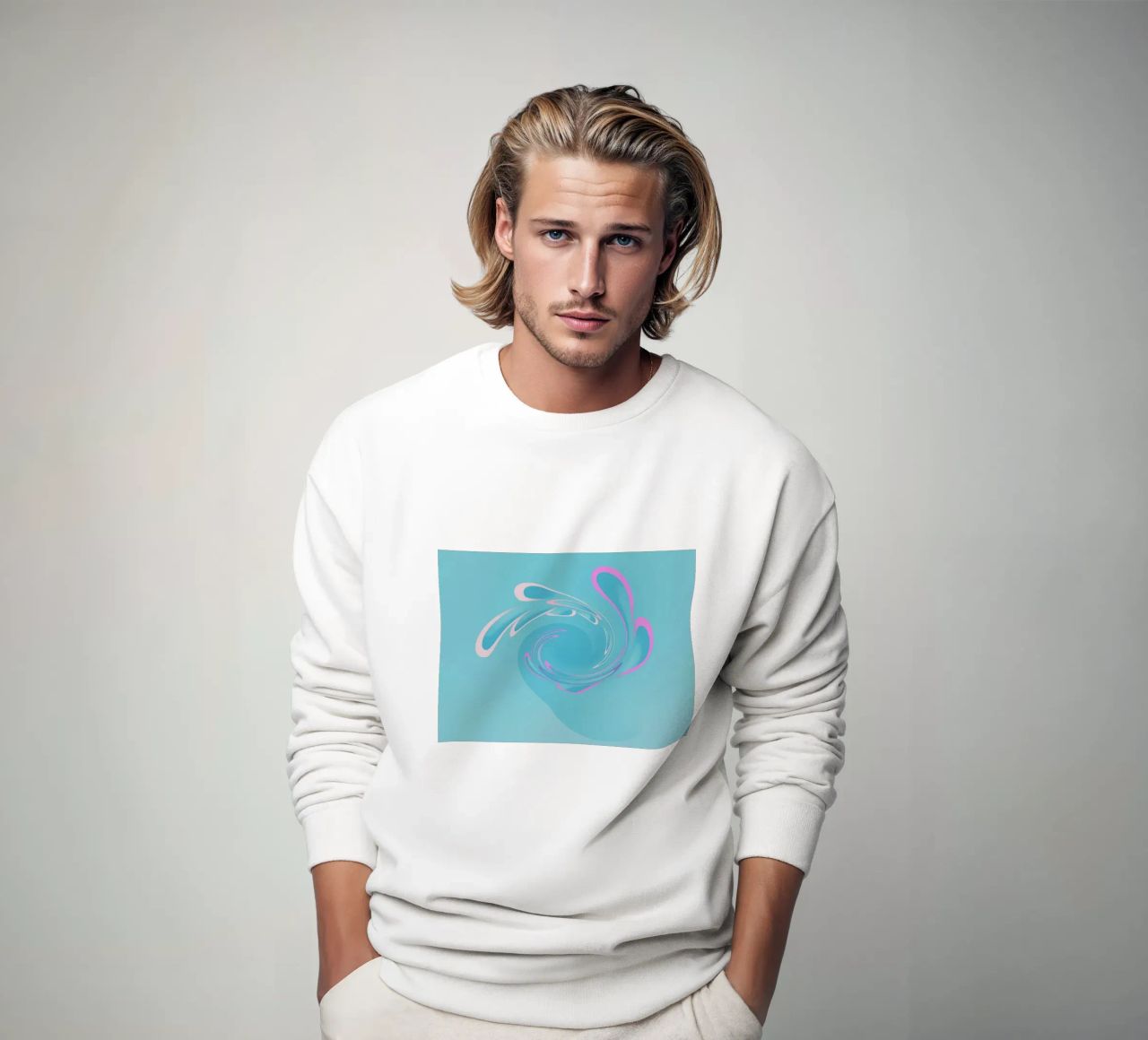 Abstract dynamic swirl pattern in blue and pink sweatshirt by Something for you