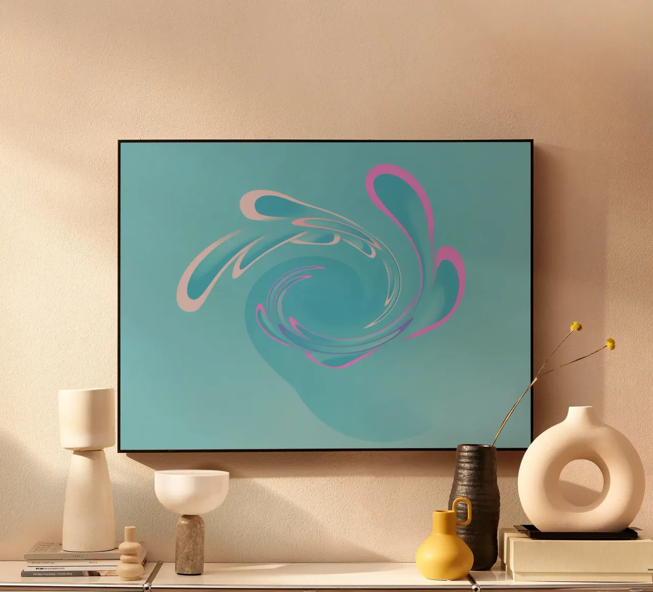 Abstract dynamic swirl pattern in blue and pink acrylic glass by Something for you