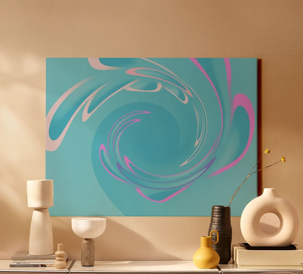 Abstract dynamic swirl pattern in blue and pink canvas by Something for you