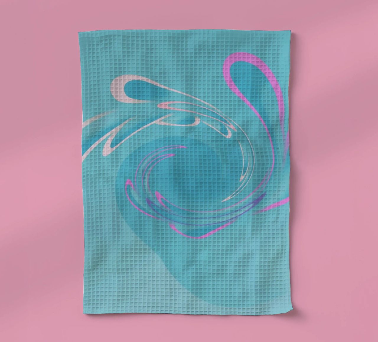 Abstract dynamic swirl pattern in blue and pink tea towel by Something for you