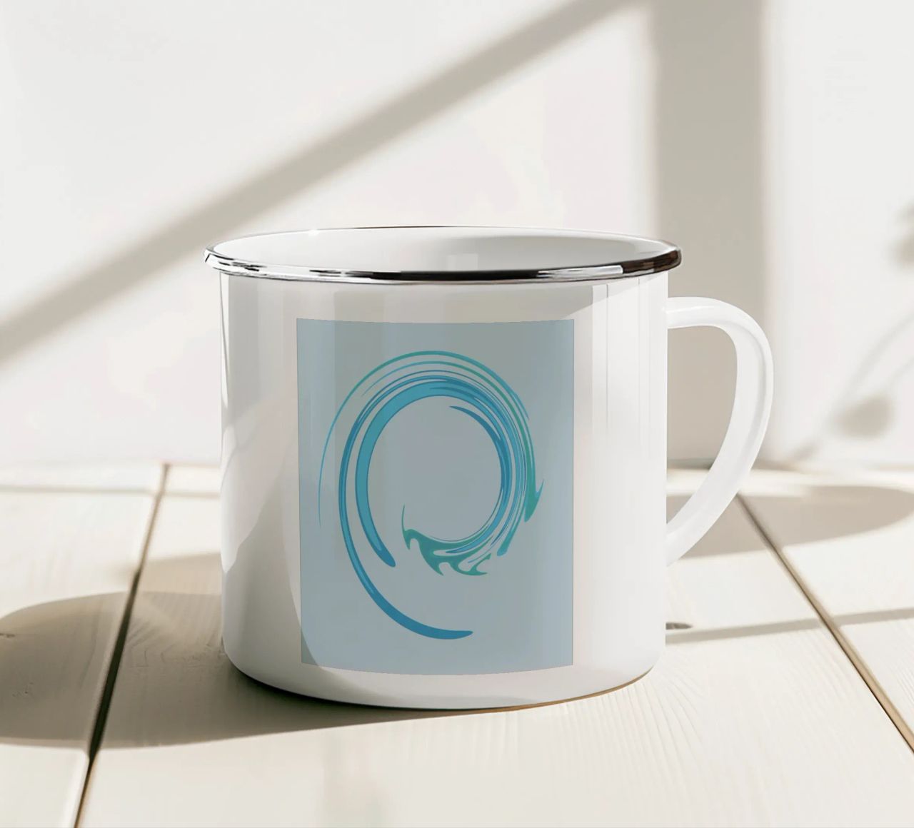 Abstract dynamic swirl pattern in blue enamel mug by Something for you