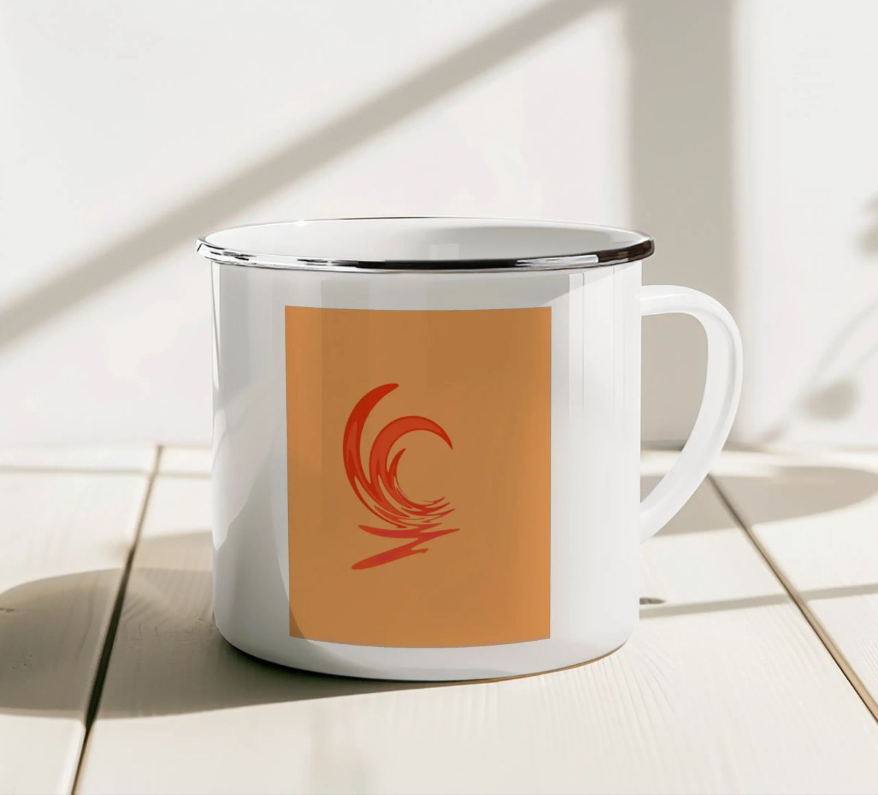 Abstract dynamic swirl pattern in orange enamel mug by Something for you