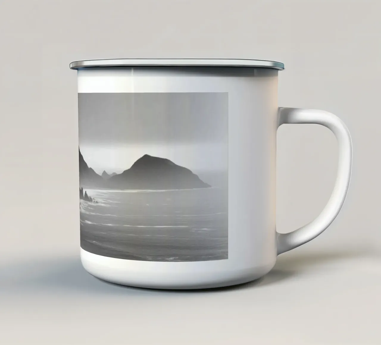 Paesaggio costiero in bianco e nero tazza in smalto da Indigo Tides Art