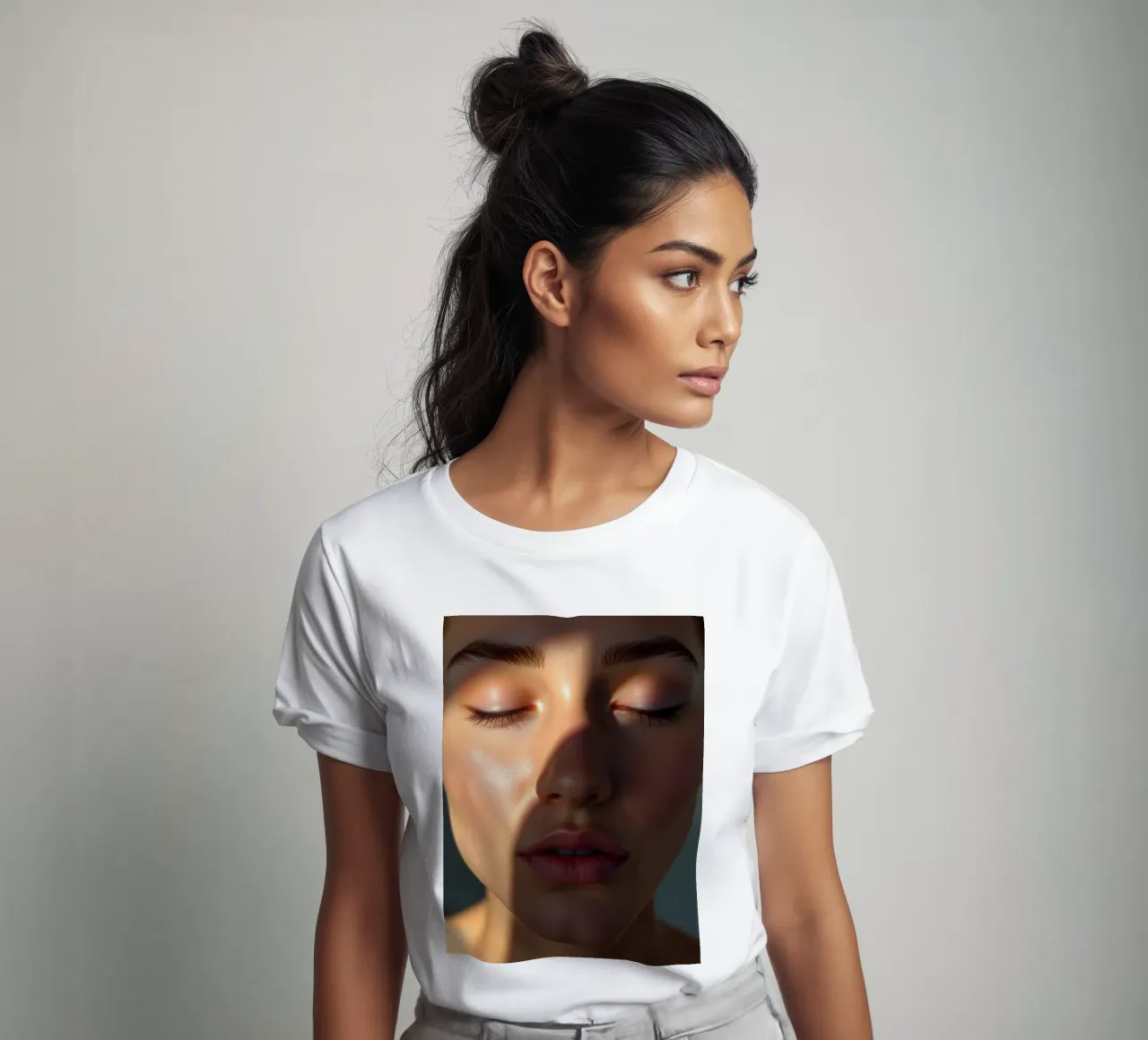 Zacht licht dat delicate schaduwen creëert op een sereen gezicht t-shirt van DesignDoodle