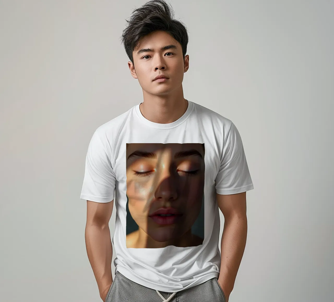 Lumière douce créant des ombres délicates sur un visage serein t-shirt de DesignDoodle