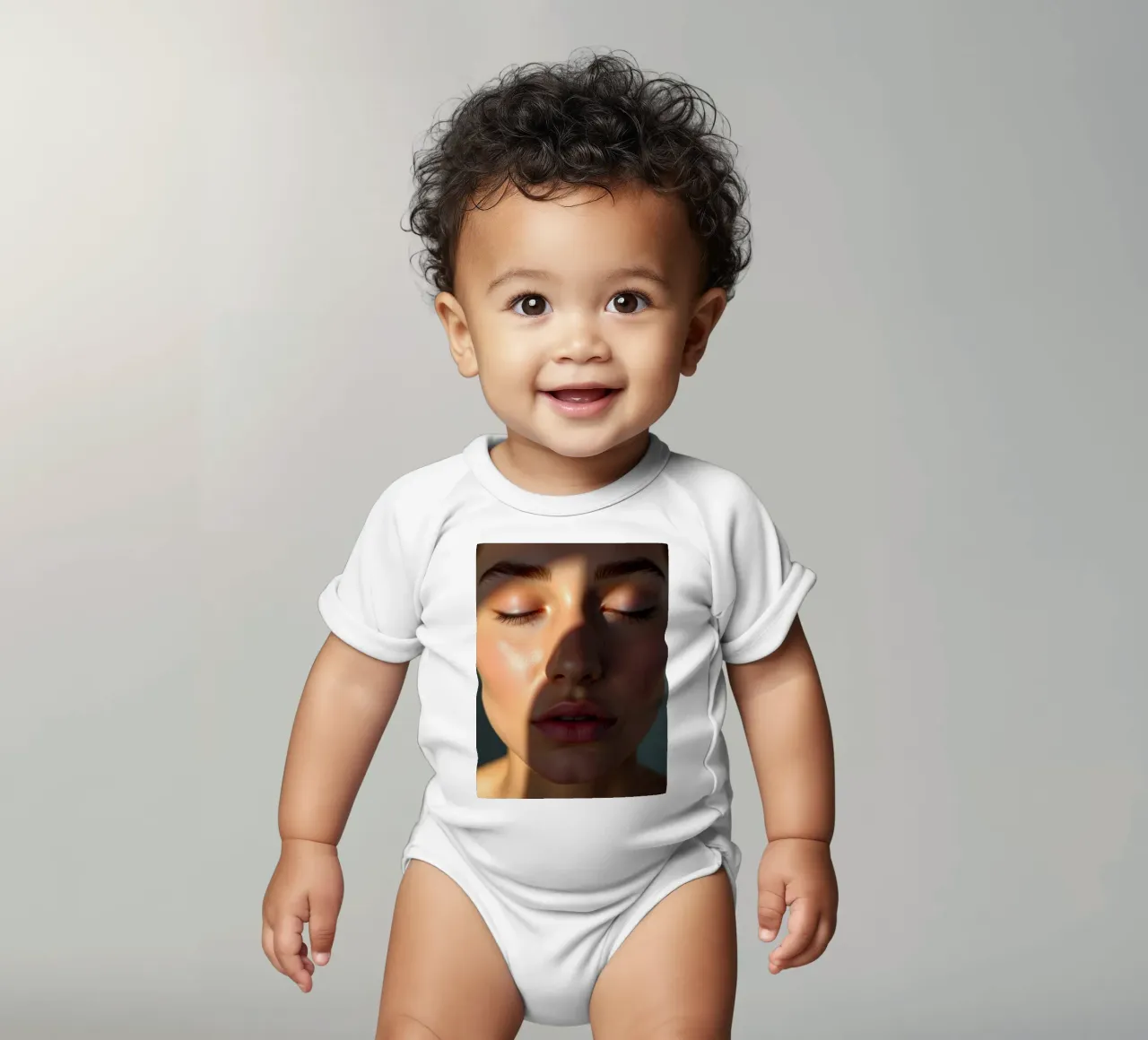 Zacht licht dat delicate schaduwen creëert op een sereen gezicht babyrompertje korte mouwen van DesignDoodle