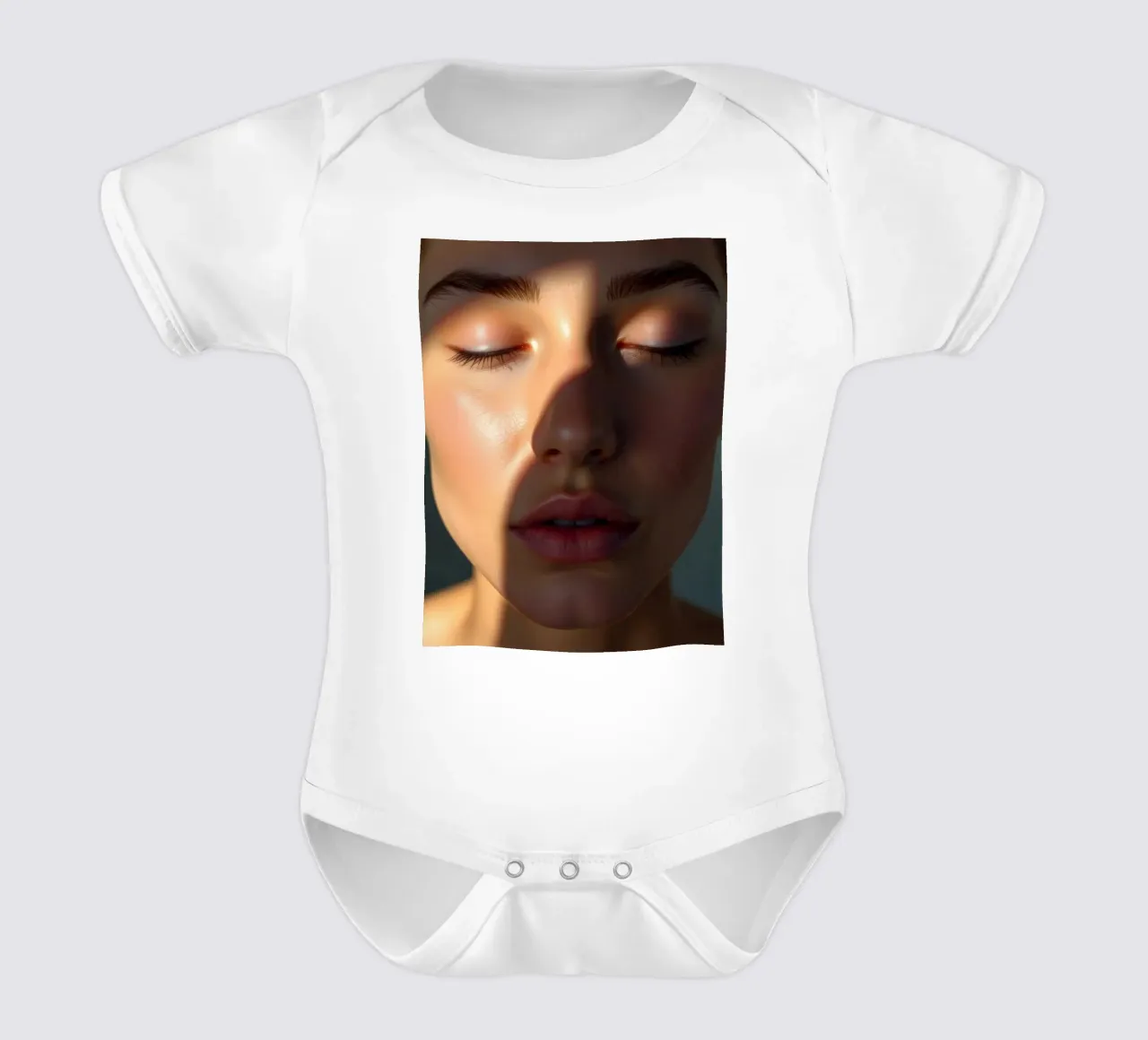 Zacht licht dat delicate schaduwen creëert op een sereen gezicht babyrompertje korte mouwen van DesignDoodle