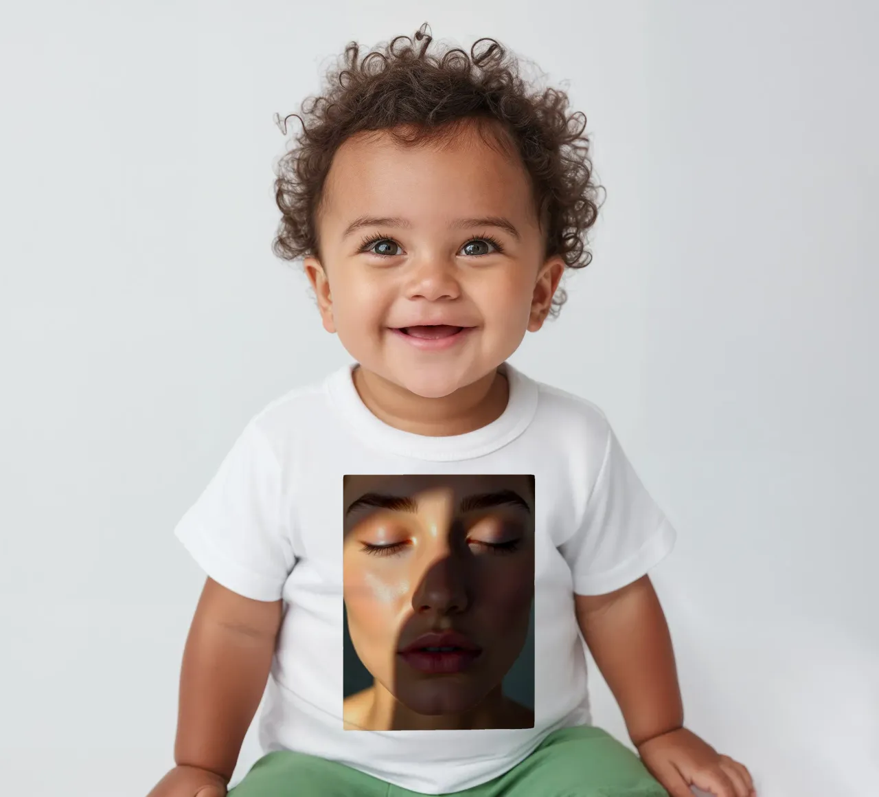 Soft light creating delicate shadows on a serene face baby t-shirt by DesignDoodle
