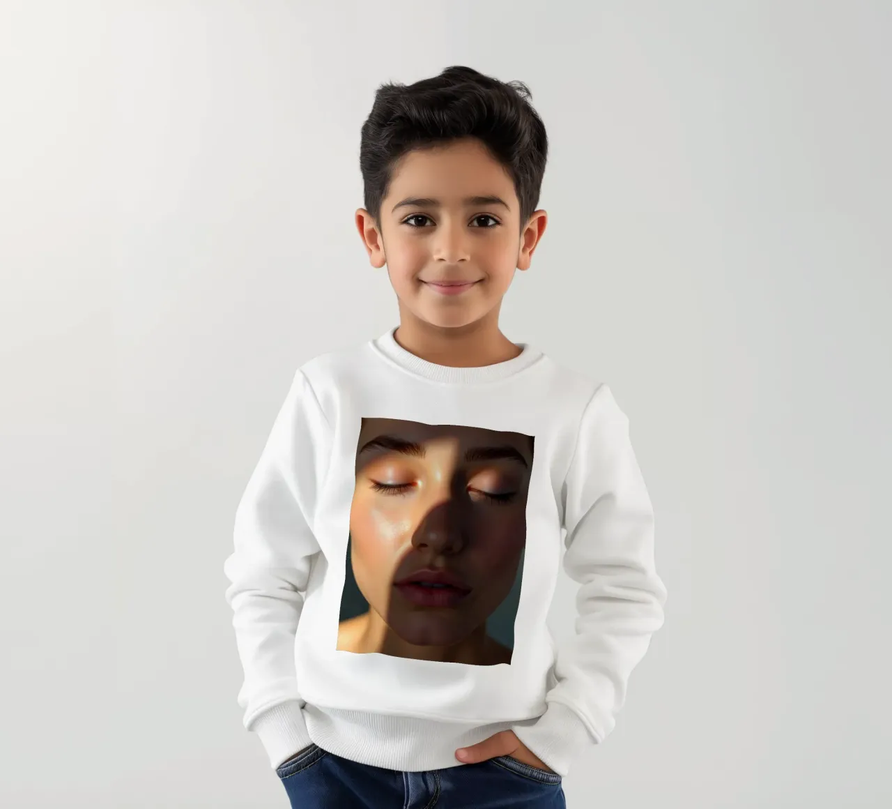 Zacht licht dat delicate schaduwen creëert op een sereen gezicht kinder sweatshirt van DesignDoodle
