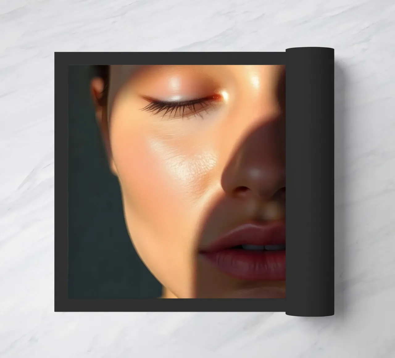 Lumière douce créant des ombres délicates sur un visage serein paillasson de DesignDoodle
