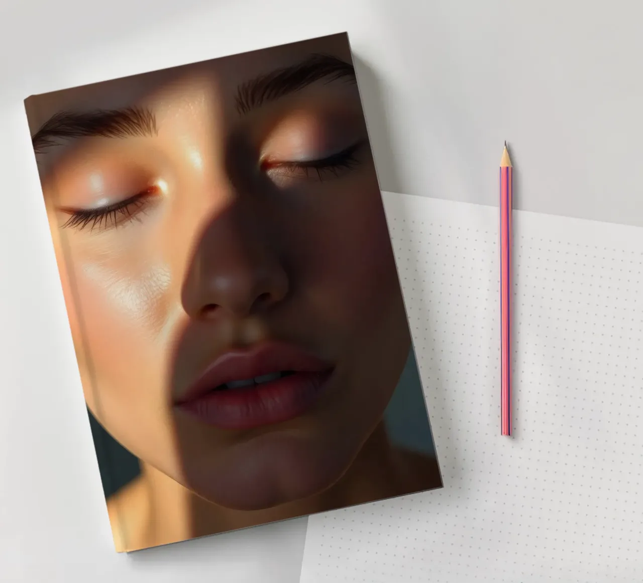 Soft light creating delicate shadows on a serene face notebook by DesignDoodle