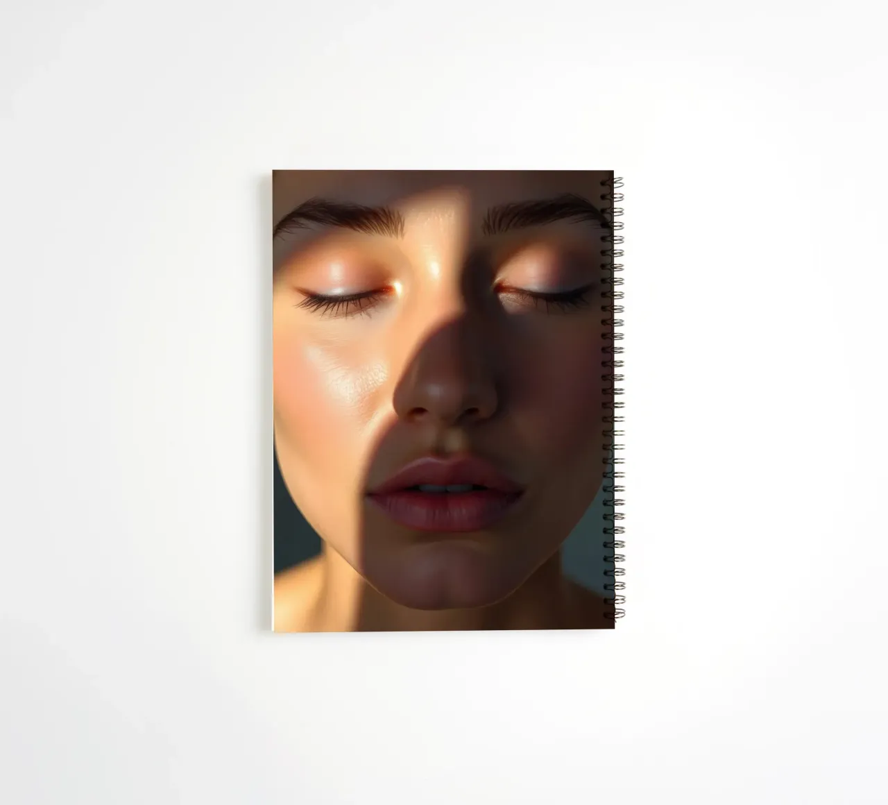 Lumière douce créant des ombres délicates sur un visage serein carnet à spirale de DesignDoodle