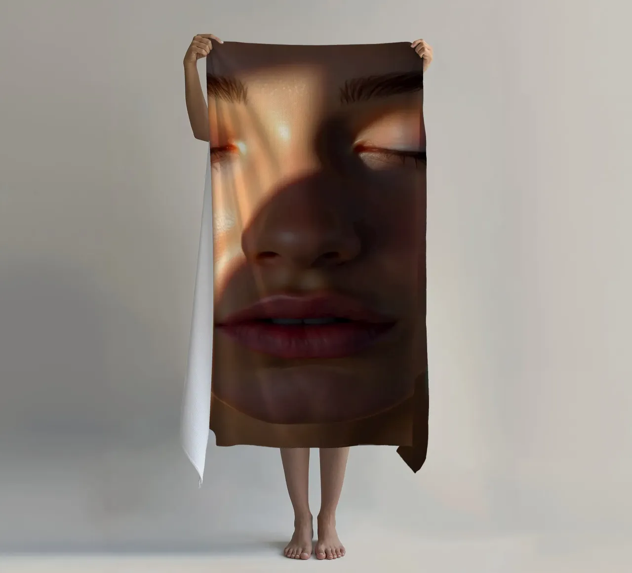 Sanftes Licht, das zarte Schatten auf ein heiteres Gesicht wirft Strandtuch von DesignDoodle