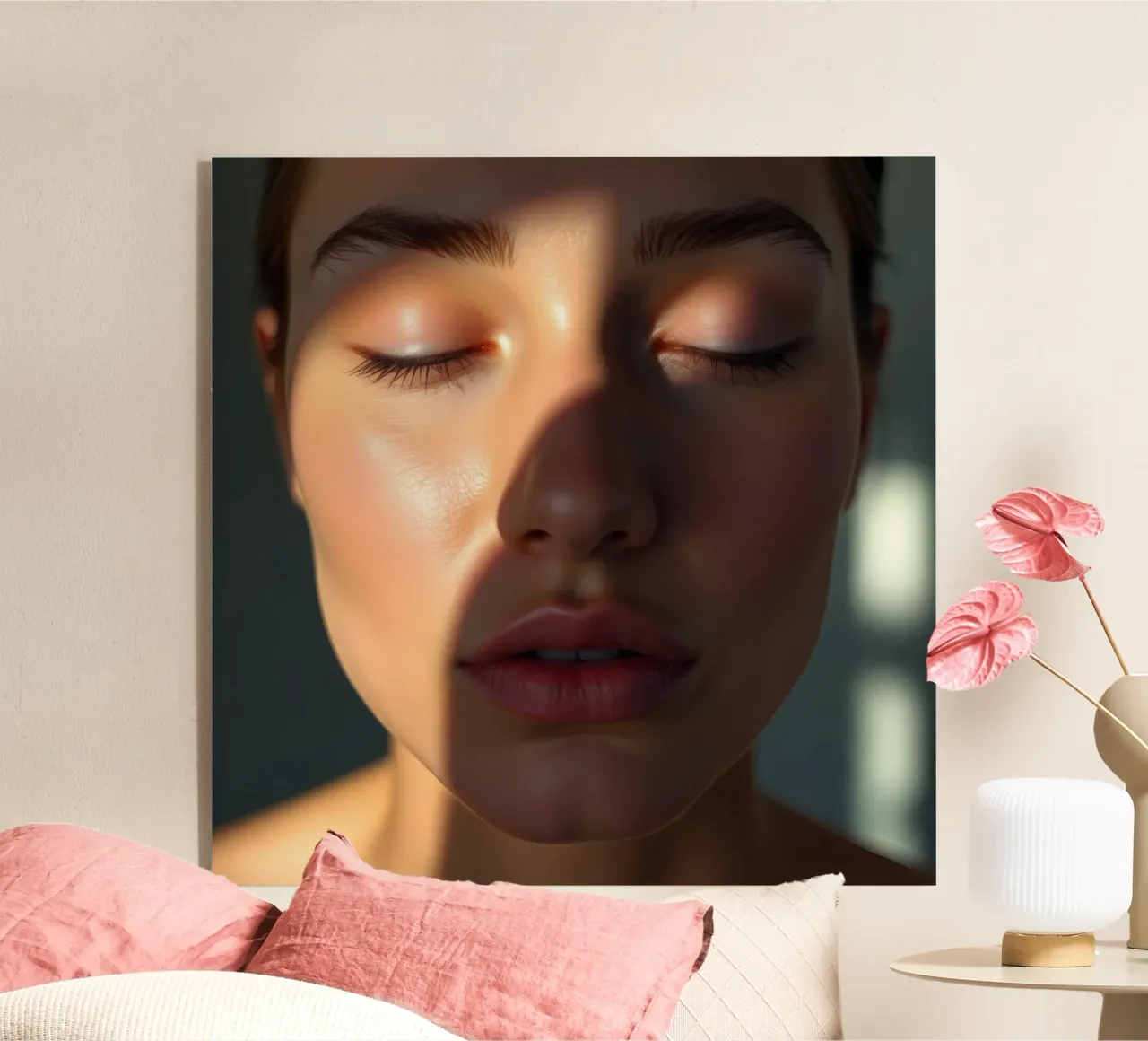 Lumière douce créant des ombres délicates sur un visage serein plexiglas de DesignDoodle