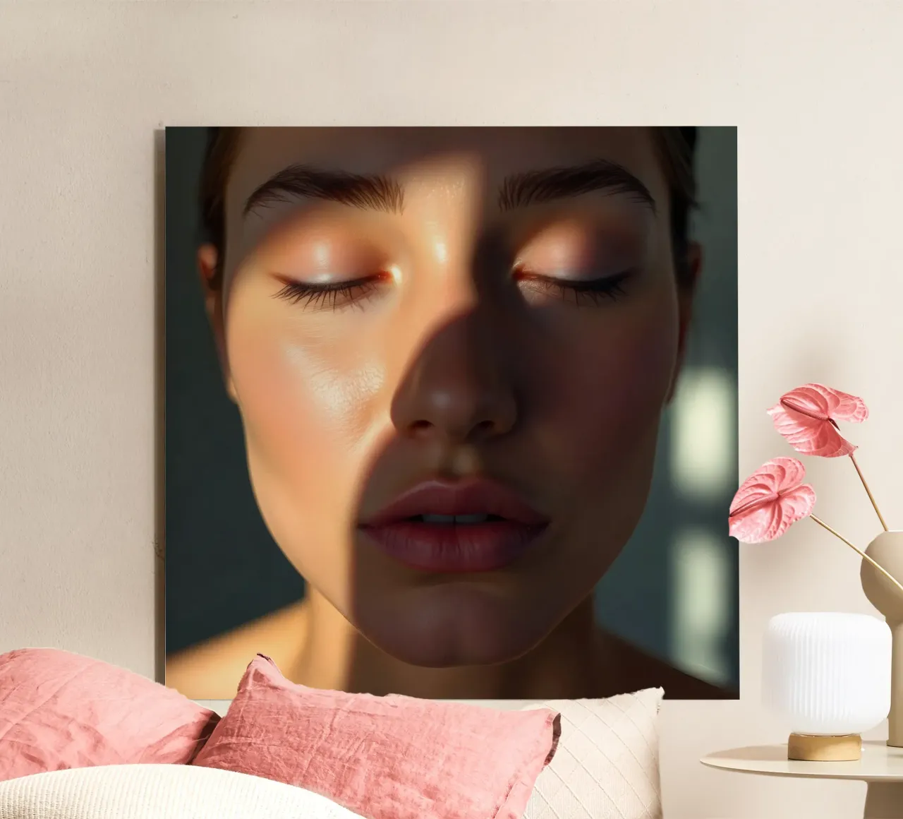Soft light creating delicate shadows on a serene face alu-dibond by DesignDoodle