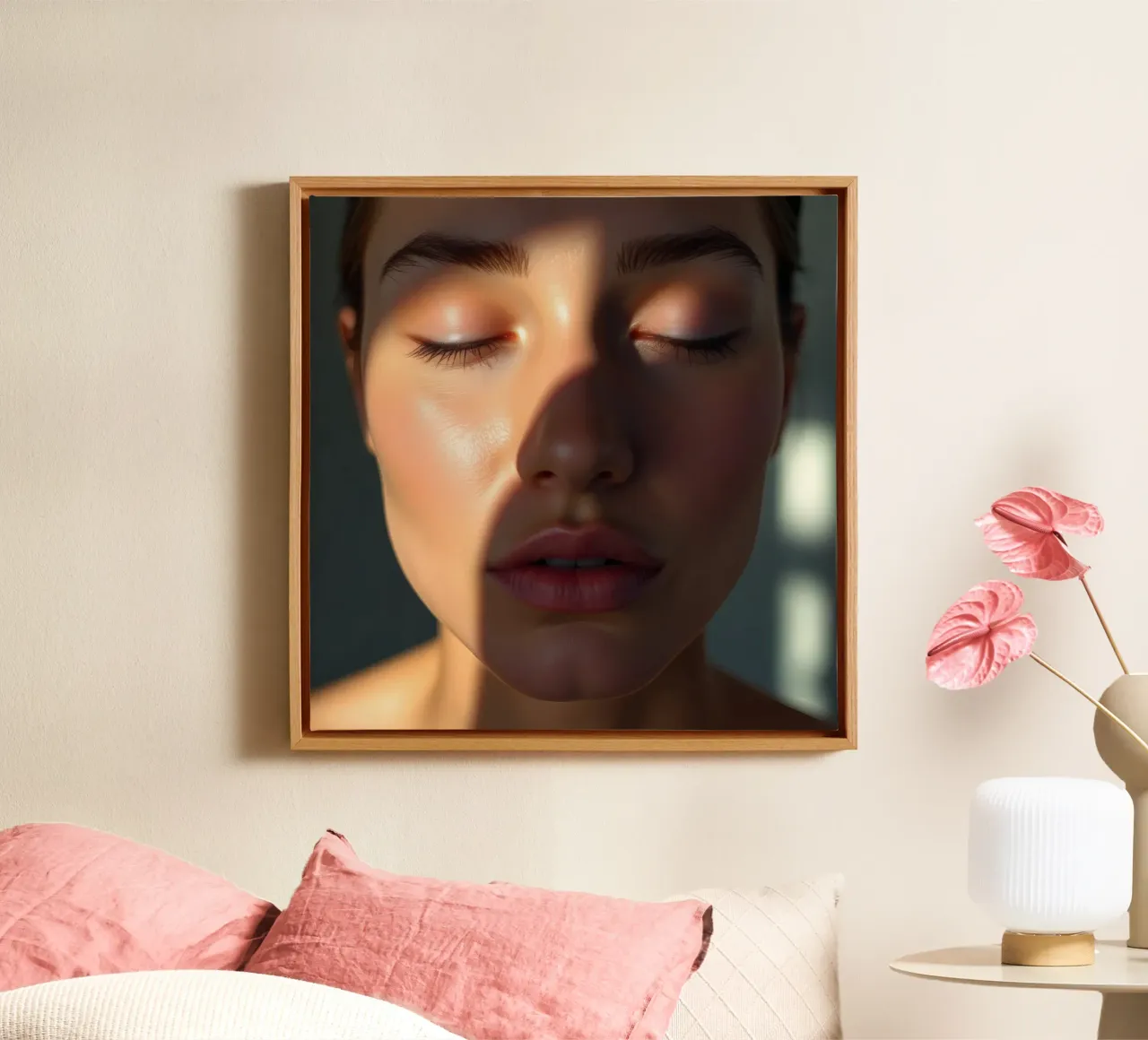 Soft light creating delicate shadows on a serene face canvas by DesignDoodle