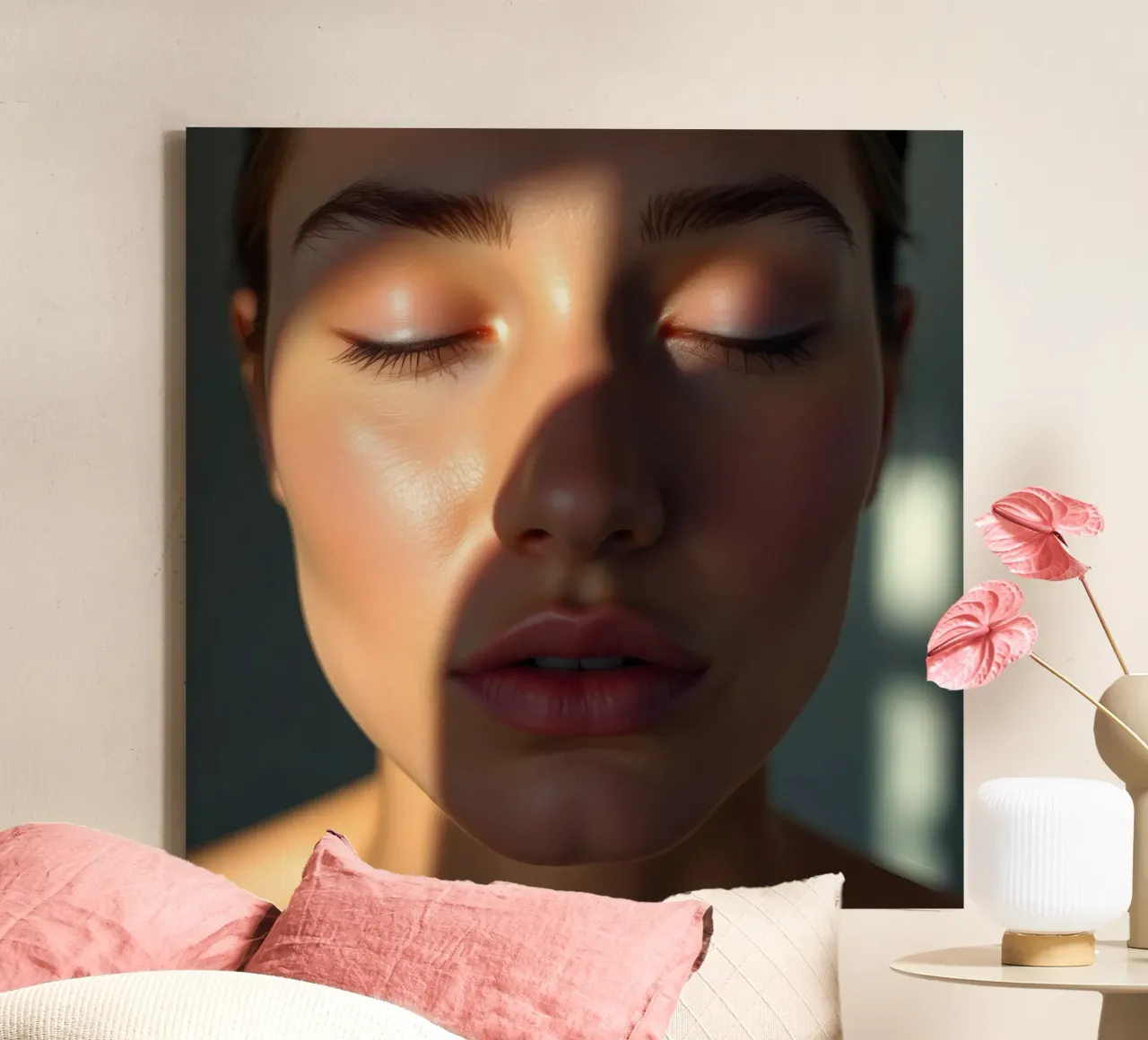 Soft light creating delicate shadows on a serene face canvas by DesignDoodle