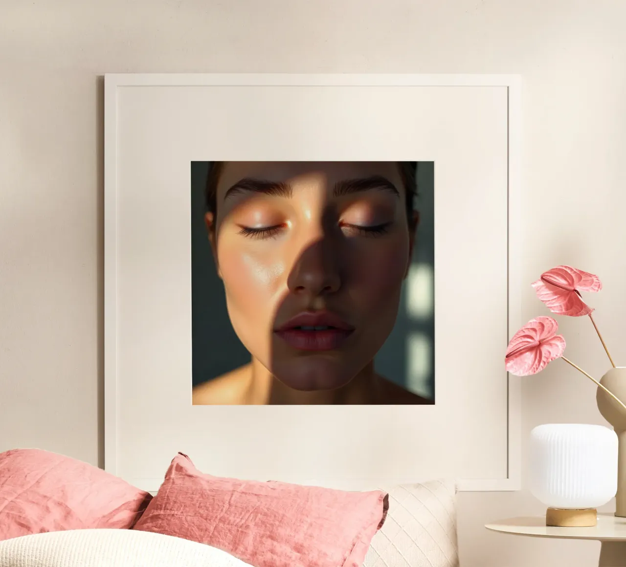 Sanftes Licht, das zarte Schatten auf ein heiteres Gesicht wirft Poster von DesignDoodle