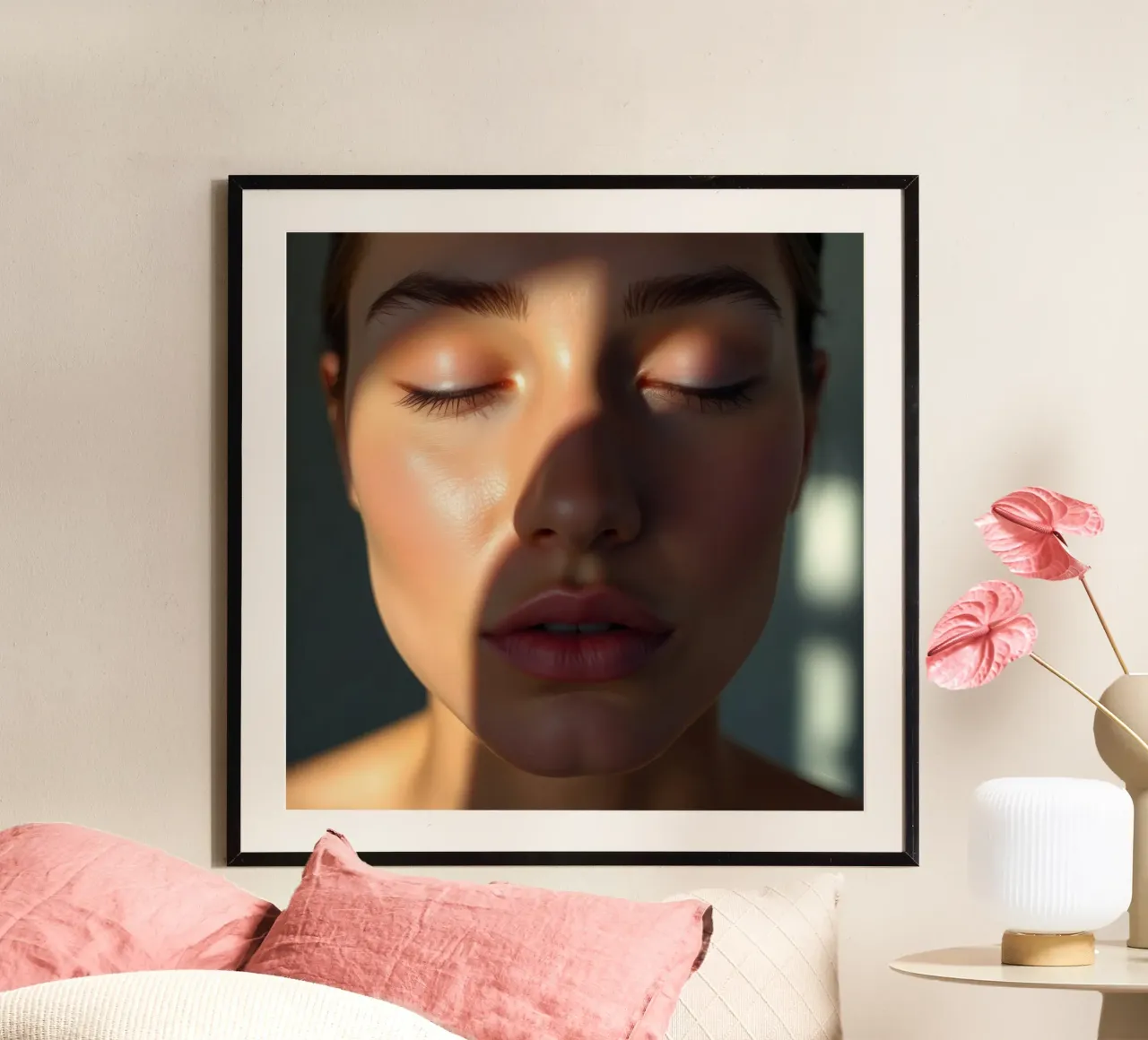 Sanftes Licht, das zarte Schatten auf ein heiteres Gesicht wirft Poster von DesignDoodle