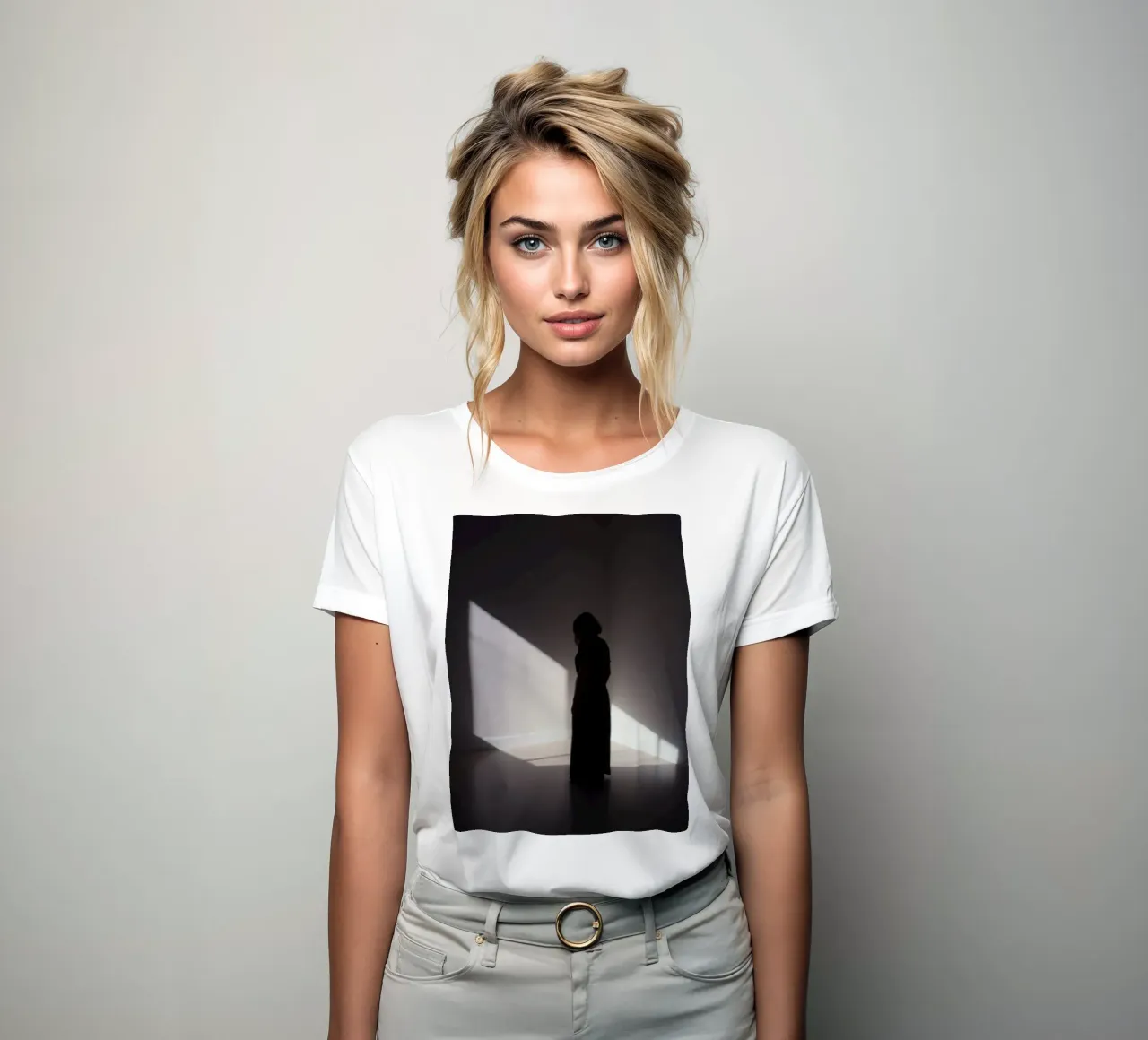 Woman standing in shadow creepy light casting women's fitted t-shirt by DesignDoodle