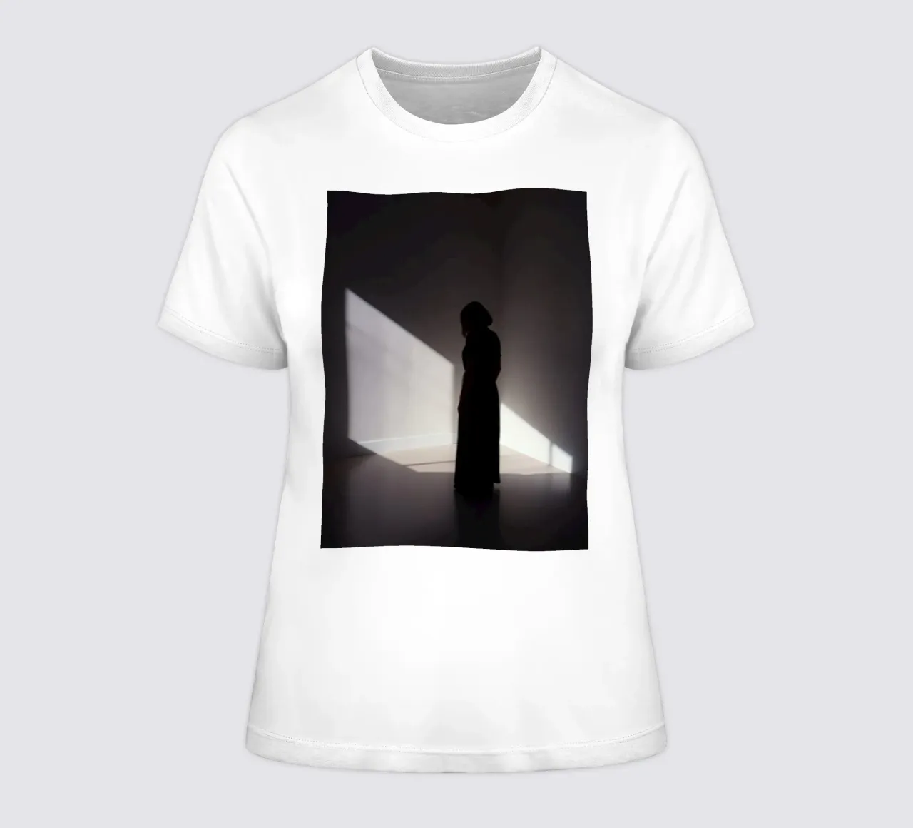 Woman standing in shadow creepy light casting women's fitted t-shirt by DesignDoodle