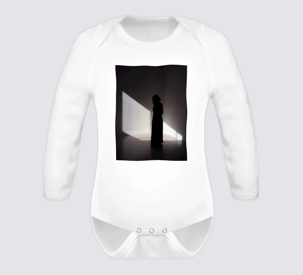 Woman standing in shadow creepy light casting long-sleeve baby romper by DesignDoodle