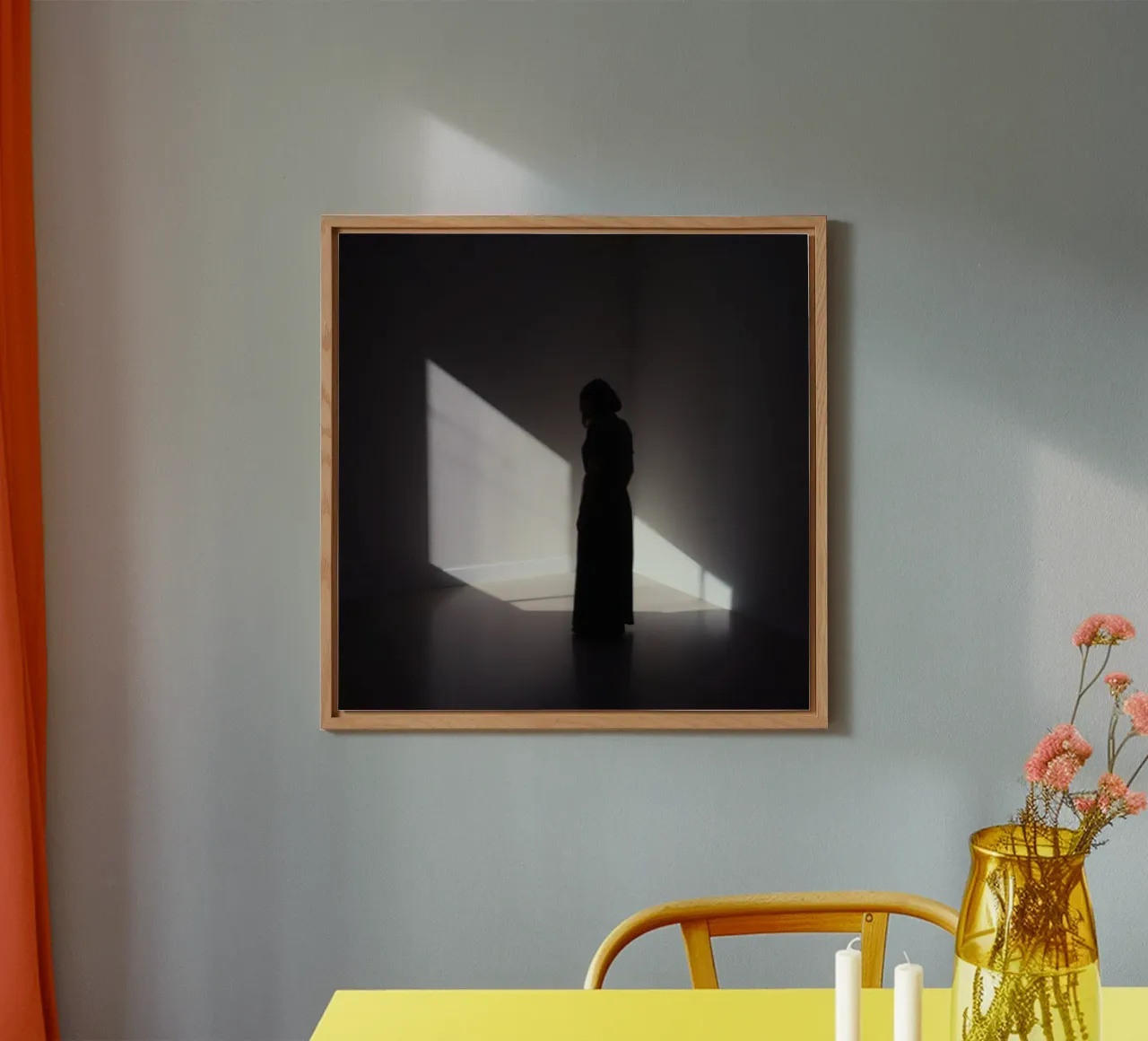 Woman standing in shadow creepy light casting alu-dibond by DesignDoodle