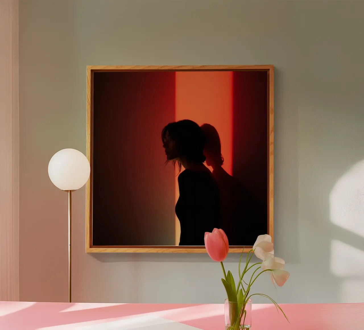 Silhouette d'une femme dans une lumière tamisée sur fond coloré plexiglas de DesignDoodle