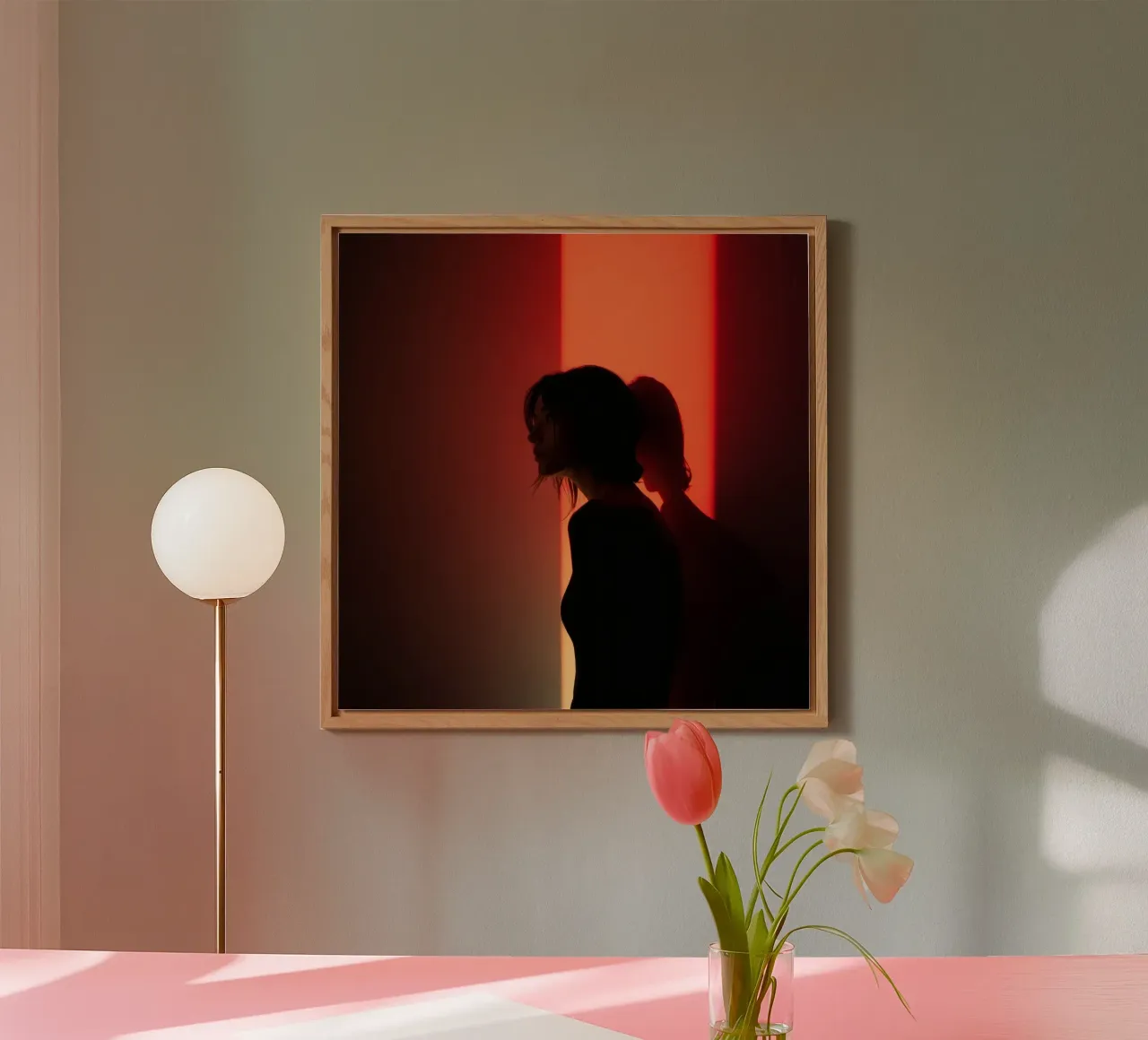 Silhouette d'une femme dans une lumière tamisée sur fond coloré alu dibond de DesignDoodle