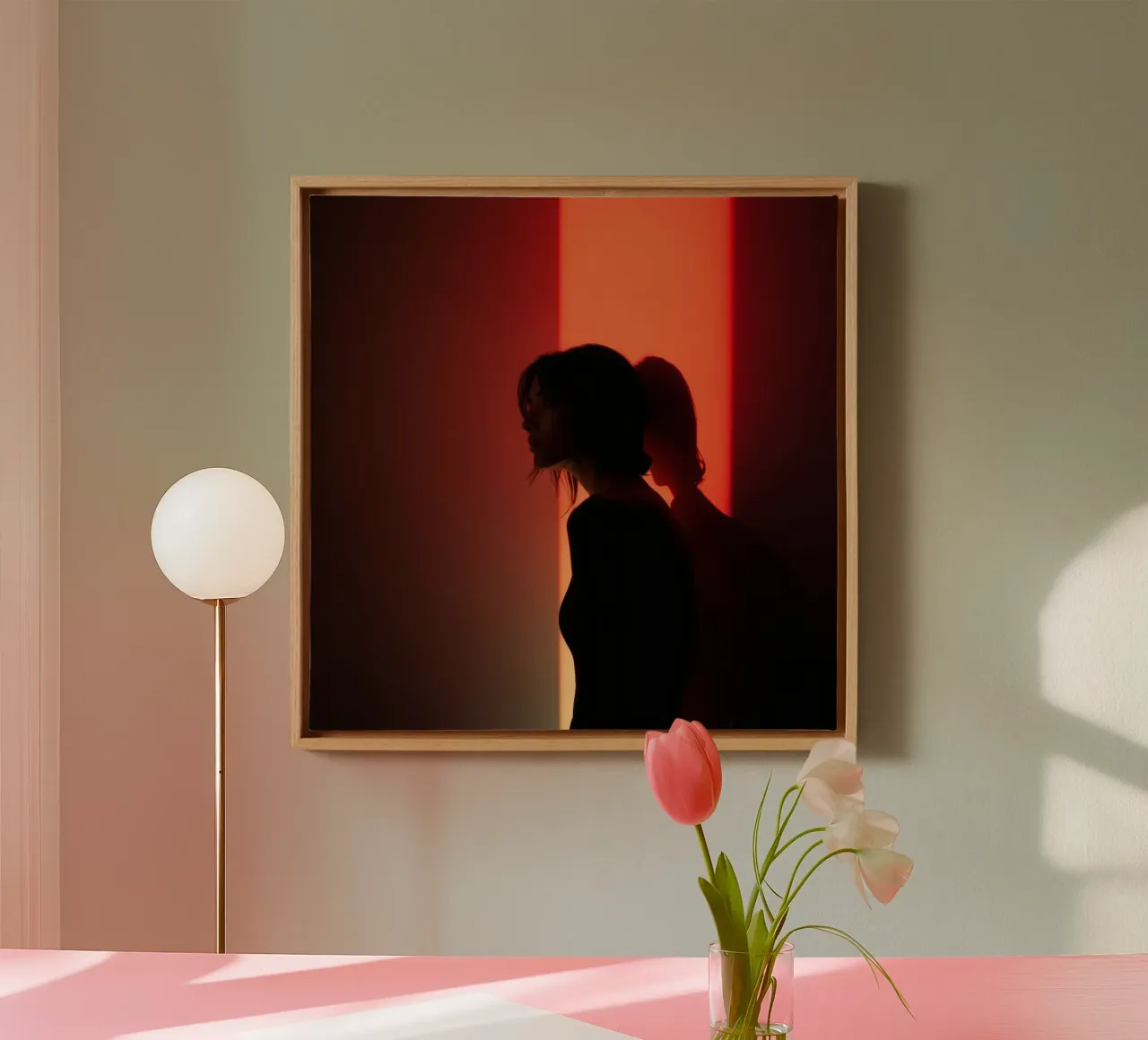 Silhouette of a woman in dim light with colorful background canvas by DesignDoodle