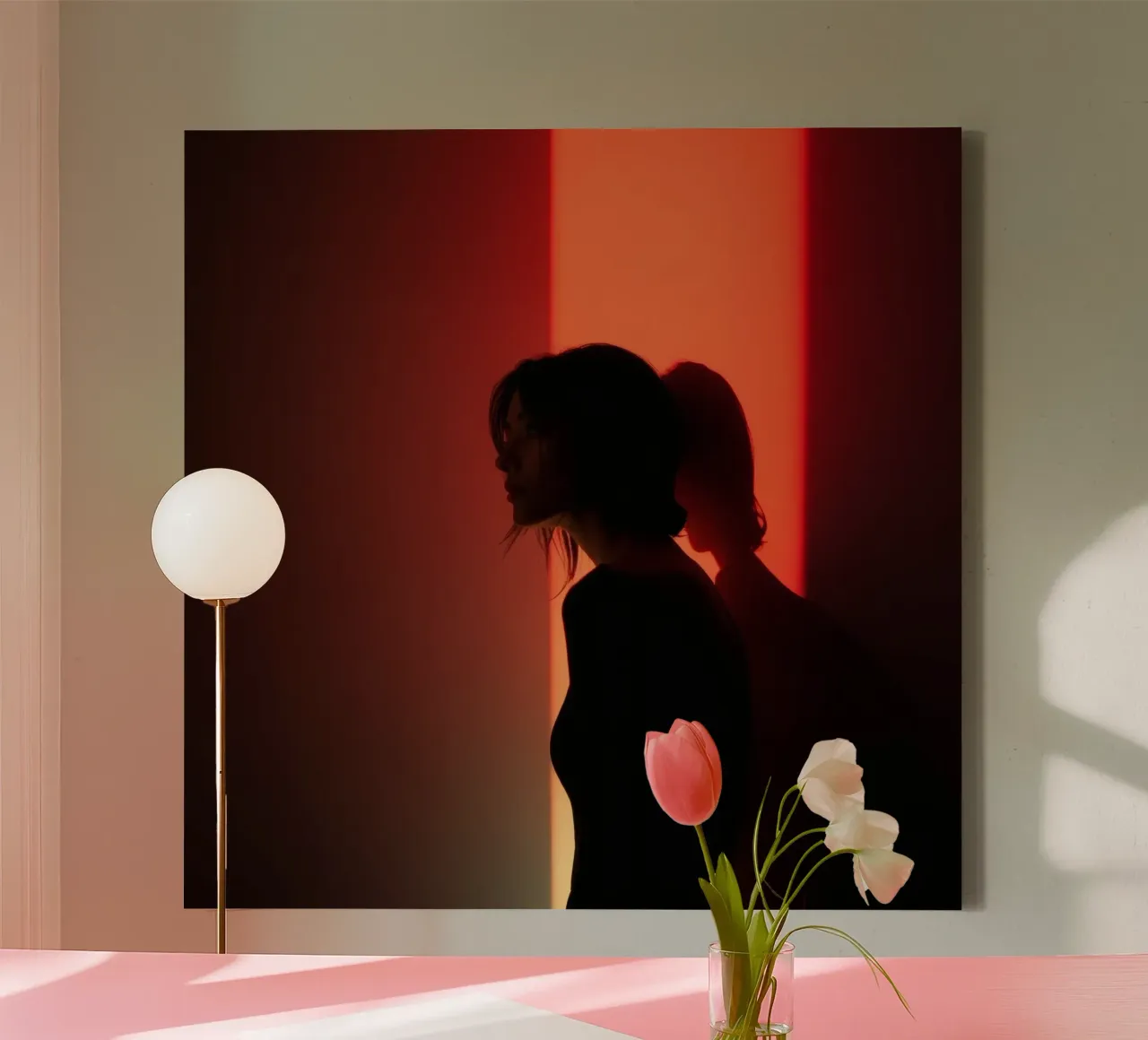 Silhouette of a woman in dim light with colorful background canvas by DesignDoodle