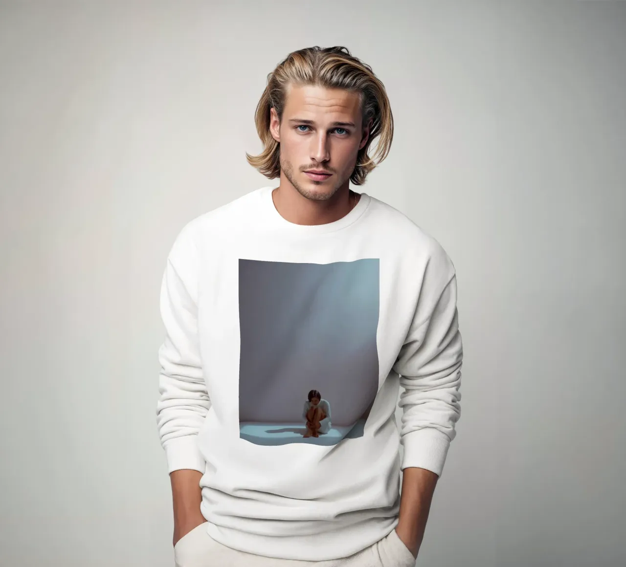 Junge Frau sitzt nachdenklich in einem schwach beleuchteten Raum und denkt nach Sweatshirt von DesignDoodle